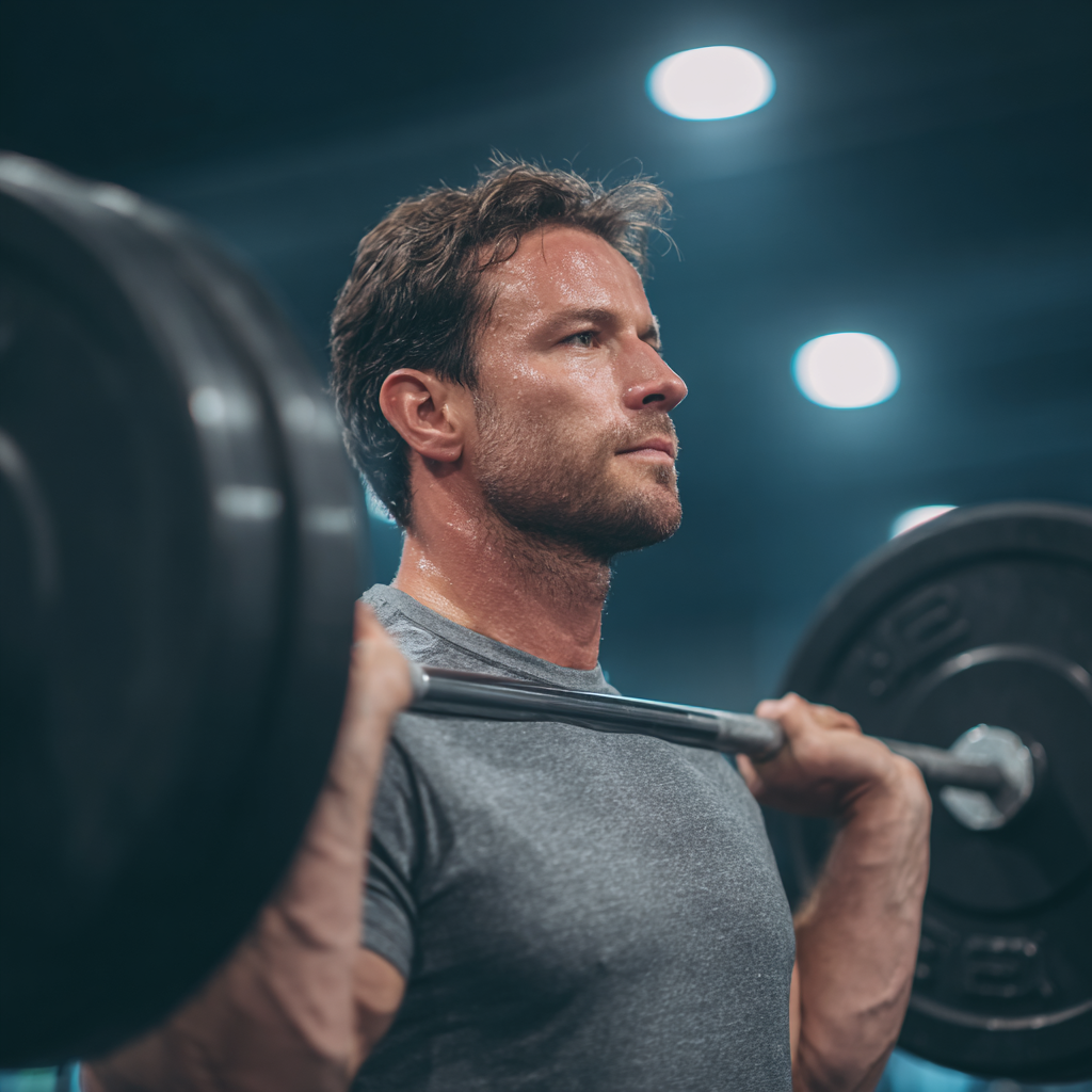 Чоловік виконує силову вправу зі штангою в сучасному спортзалі, демонструючи правильну техніку