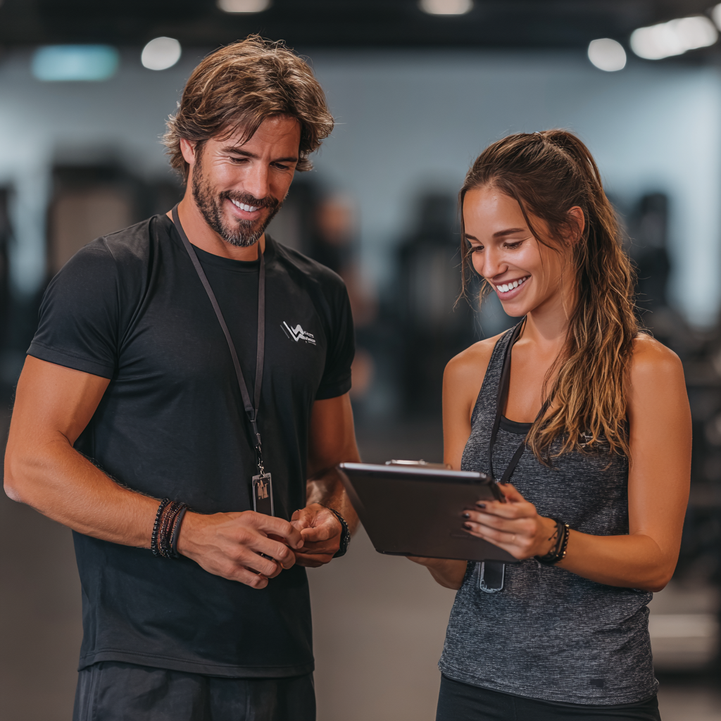 Тренер працює з клієнтом, складаючи індивідуальну програму тренувань на планшеті в спортзалі