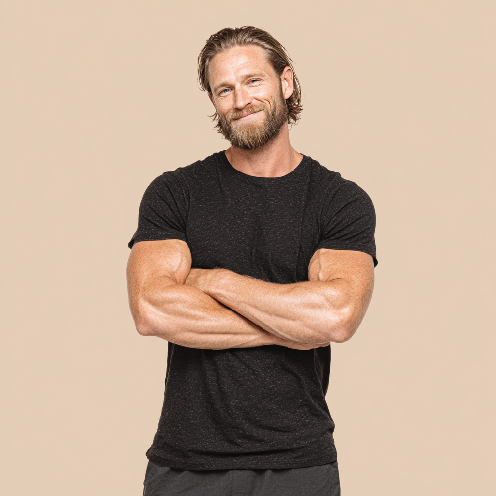 Мускулистий чоловік демонструє результати тренувань, позуючи з впевненою посмішкою після успішної трансформації